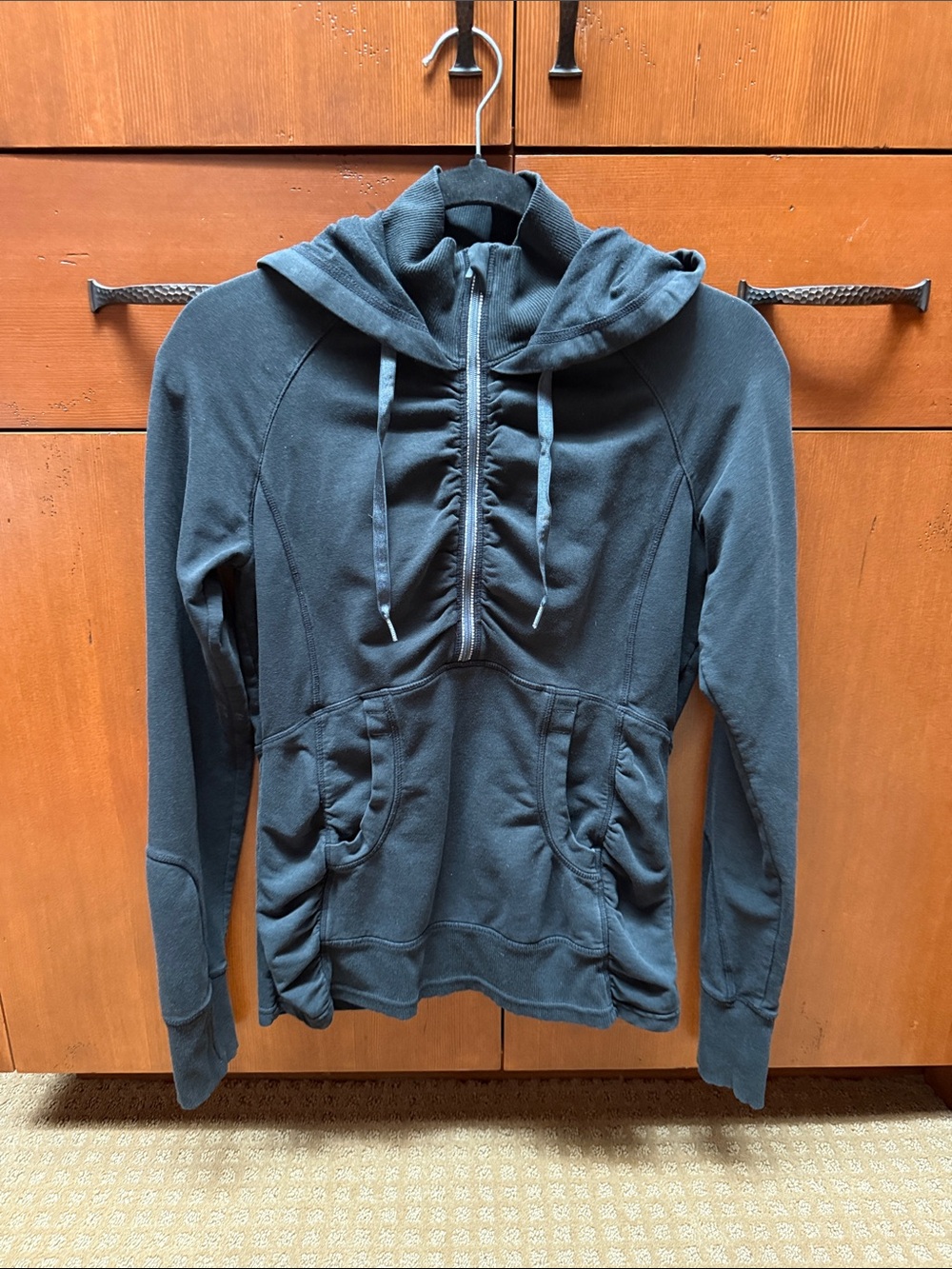 Athleta Black Hooded Pullover with Ruched Front and Pockets